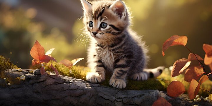 Tabby cat sitting on the ground ,View of adorable kitten running outdoors 