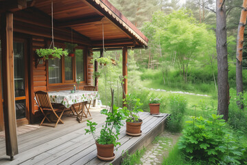 Fototapeta na wymiar Stylish summer exterior concept with wooden cabin house in the forest. Generative AI