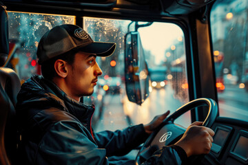 driver driving a bus in a city with a steering wheel and a attentive look on their face