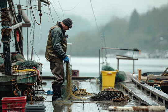 fisherman is standing on a dock, repairing his fishing net