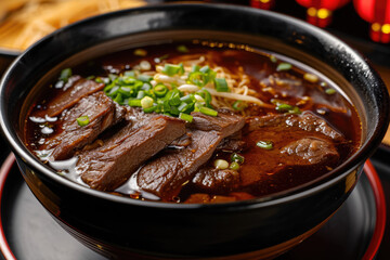 close-up shot of a bowl of beef brisket noodles, with tender beef slices and a rich broth