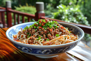 close-up shot of a bowl of dan dan noodles, with ground pork, Sichuan peppercorns, and chili oil - obrazy, fototapety, plakaty