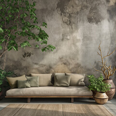 Rustic interior design with sofa, home plant and home decor . Interior mockup. Generative AI