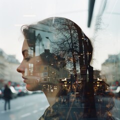 Multiple exposure shot of young woman  superimposed over a cityscape