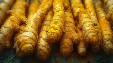 The pile of turmeric on the ground is sprinkled with turmeric powder.