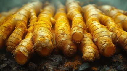 The pile of turmeric on the ground is sprinkled with turmeric powder.