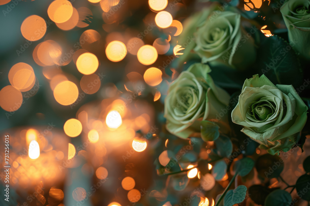 Canvas Prints close-up of a rose-covered candle holder with twinkling lights in the background