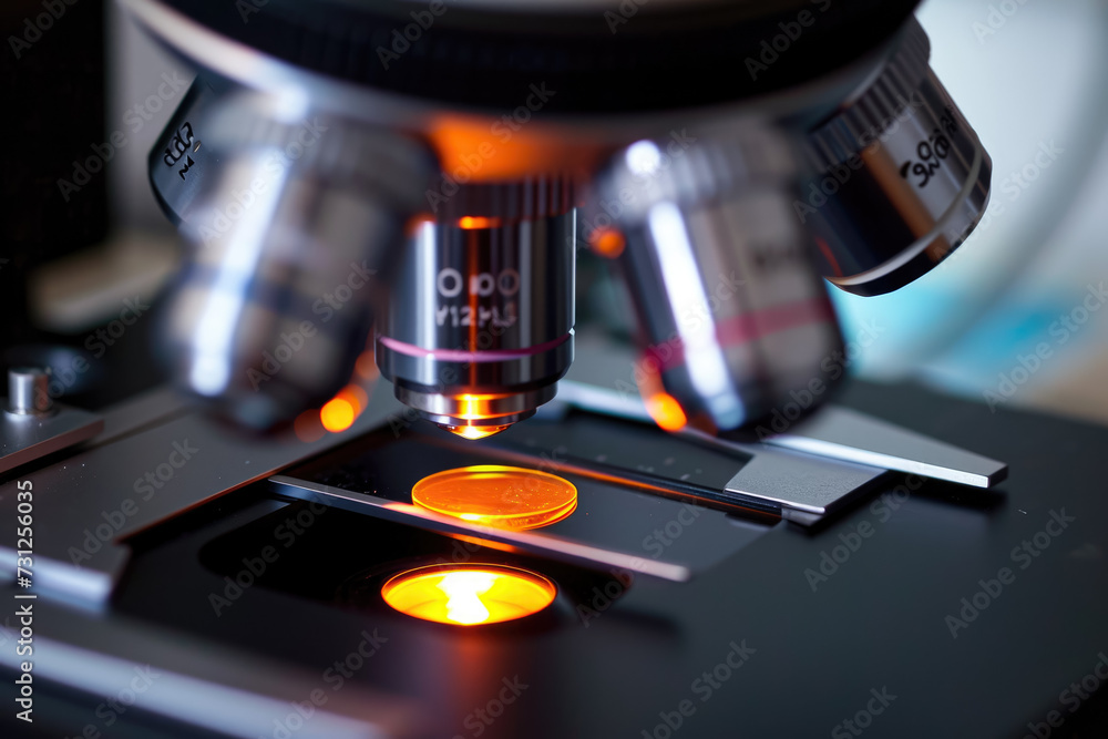 Poster close-up of a microscope with a slide. the slide is stained, and there are cells visible under the l