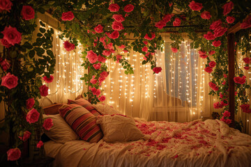 bedroom with a bookshelf covered in twinkling lights and roses.