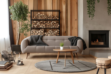 Wooden interior design of modern apartment with sofa, table home plants and decoration. Interior mockup. Scandinavian interior design. Generative AI