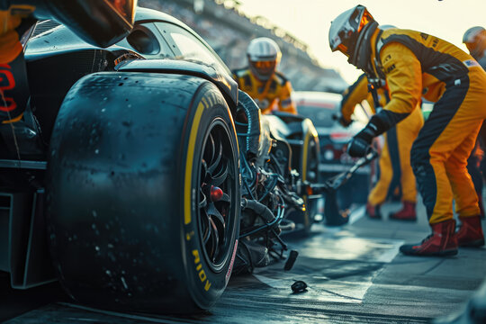 close-up of a professional pit crew changing the tires on a race car during a pitstop