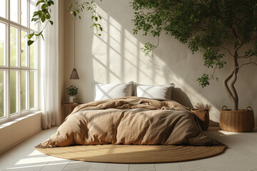 Rustic concrete bedroom interior concept with fabric bed, green home plant and home decor. Generative AI