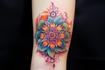 Mandala tattoo on skin. Colors mandala tattoo on arm. Woman's tattoo, mandala. Mandala tattoo. Tattoo ideas for women. Tattoo ideas for men. Tattoo parlor. Tattoo artist profession.​
