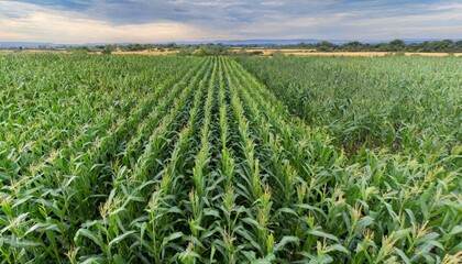 Fototapeta na wymiar corn field of green corn stalks and tassels aerial drone photo above corn plants high quality photo