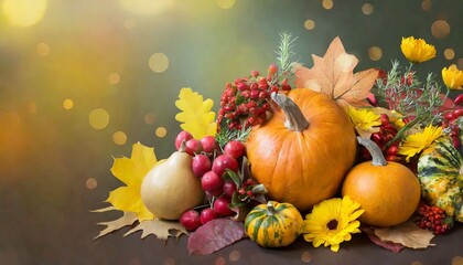Naklejka na ściany i meble bright background with beautiful thanksgiving decorating pumpkins with fruits flowers vegetables and leaves ai generated