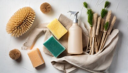 eco brushes sponges and rag on white background flat lay eco cleaning products cleaner concept