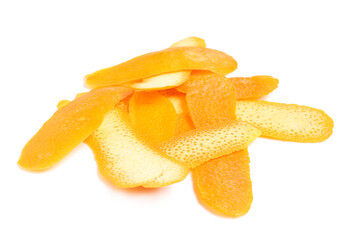 Heap of fresh orange peel isolated on white background