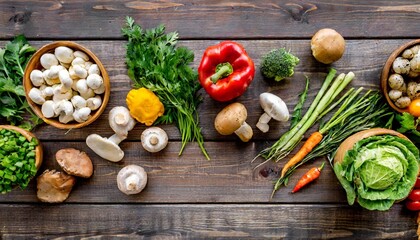organic harvest vegetables from garden and forest mushrooms vegetarian ingredients for cooking on dark rustic wooden background top view border