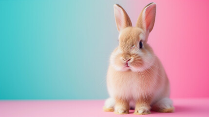 White cute fluffy rabbit on pink and turquoise blue background, ideal for greetings card