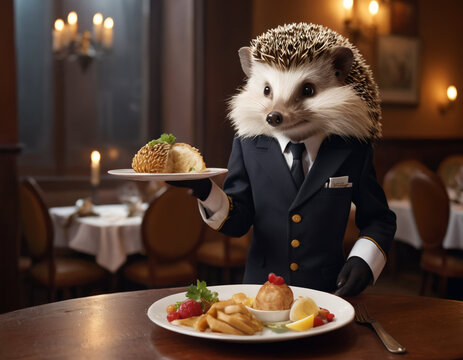 an anthropomorphic hedgehog waiter in a jacket in a restaurant serves food to visitors