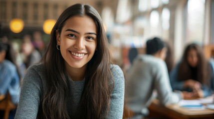 Garota sorrindo nos corredores da faculdade 