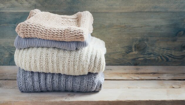 stack of knitted winter clothes on wooden background sweaters space for text toning image