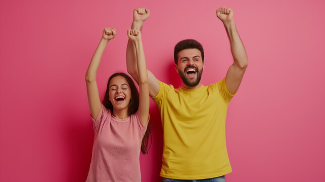 Homem e mulher comemorando juntos isolados no fundo rosa pastel 