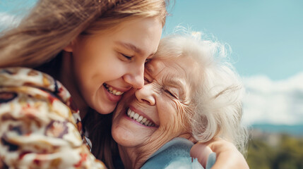 Mulher abraçando sua avó ao ar livre - obrazy, fototapety, plakaty