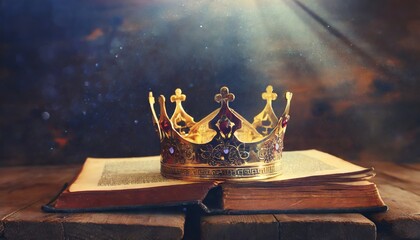 low key of queen king crown on old book vintage filtered fantasy medieval period - obrazy, fototapety, plakaty