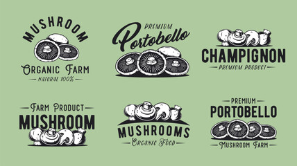 Mushroom vector portobello set or collection of champignon. White button for mushrooms picking. Vegetarian fungus cremini for food. Nature fungi for healthy nutrition