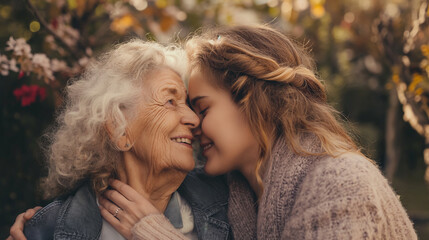 Mulher abraçando sua avó ao ar livre - obrazy, fototapety, plakaty