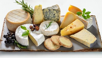 selection of various french cheese portion on white background