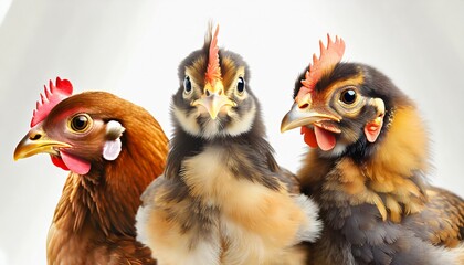 portrait of three chickens closeup on white background