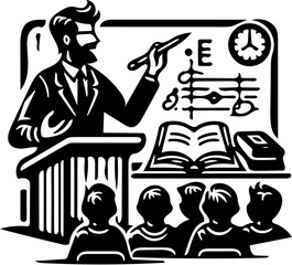 Vector illustration of a teacher teaching a class of students, black and white drawing of a classroom 