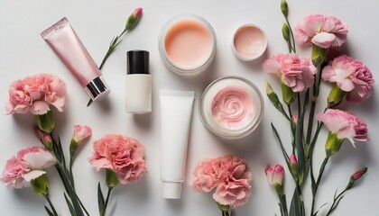 top view of various cosmetic containers and pink carnations flowers on white background