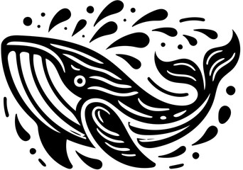 Black and white vector logo illustration of a big fat whale isolated on white background 