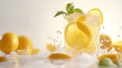 a glass of fresh sliced lemon in soda water and mint isolated on white background with splash water