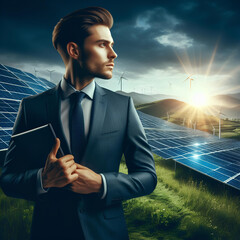 young manager an operation of sun and cleanliness on field of photovoltaic solar panels on a sunset. Concept:renewable energy,  technology, electricity, service, green, future - obrazy, fototapety, plakaty