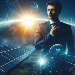 young manager an operation of sun and cleanliness on field of photovoltaic solar panels on a sunset. Concept:renewable energy,  technology, electricity, service, green, future - obrazy, fototapety, plakaty