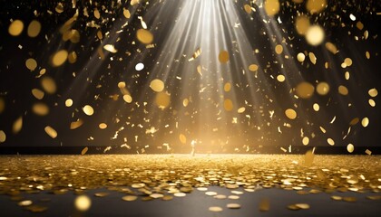 golden confetti rain on festive stage with light beam in the middle empty room at night mockup with copy space for award ceremony jubilee new year s party or product presentations - obrazy, fototapety, plakaty