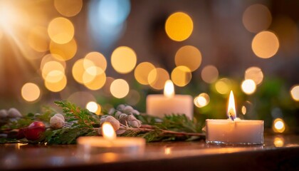 christmas advent candle light in church with blurry golden bokeh for religious ritual or spiritual zen meditation peaceful mind and soul or funeral ceremony
