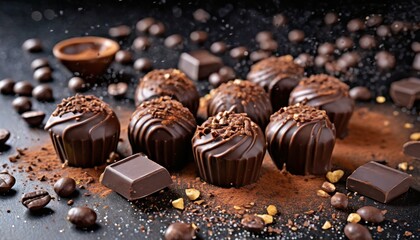 chocolate candies on a black background sprinkled with chocolate chips