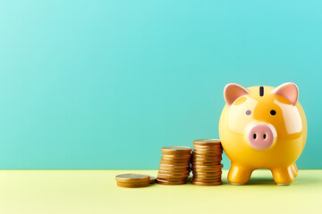 Piggy bank and money coins stack copy space. Business, save money and investment concept. Copy space.