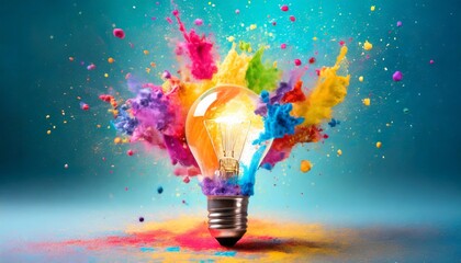 creative light bulb explodes with colorful paint and colors new idea brainstorming concept