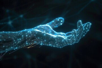 The Future Unveiled: Technological Marvel of a Holographic Humanoid Robotic Hand in Glowing Polygonal Form