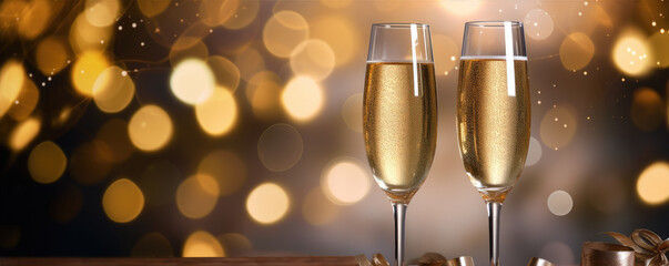 Two glasses with sparkling champagne, blurred light background.