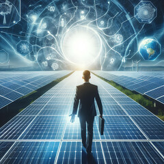 Obraz premium young manager an operation of sun and cleanliness on field of photovoltaic solar panels on a sunset. Concept:renewable energy, technology, electricity, service, green, future