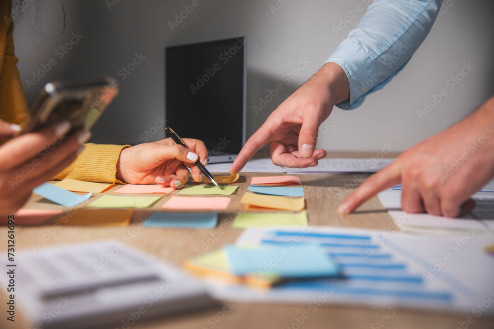 Poster business team discussing charts with graphs and charts