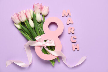 Beautiful tulip flowers with word MARCH and paper figure 8 on purple background. International Women's Day celebration