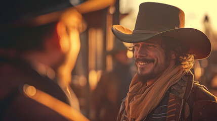 The cowboy talking with friends outside a saloon